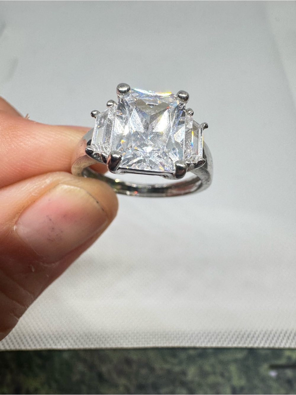 Large Princess Cut CZ Three-Stone Silver Tone Statement Ring Size 9